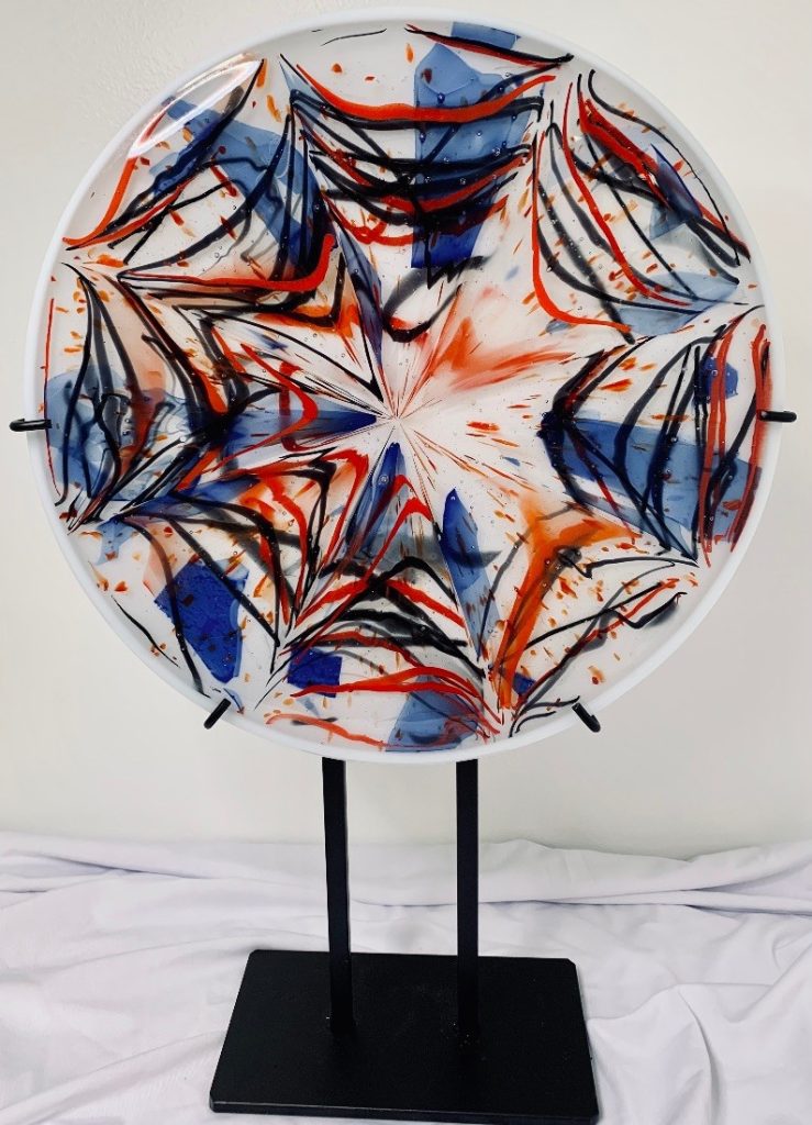 Fireworks, fused glass, 12” diameter x 17” tall with stand